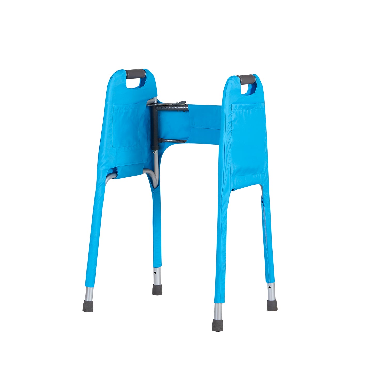 Rear three-quarter view of a metal folding walker outfitted with the Jover Walker Cover in Clear Skies (a light blue), showing an inside pocket and attachments. The Jover Walker Cover is a walker accessory offering storage and style.