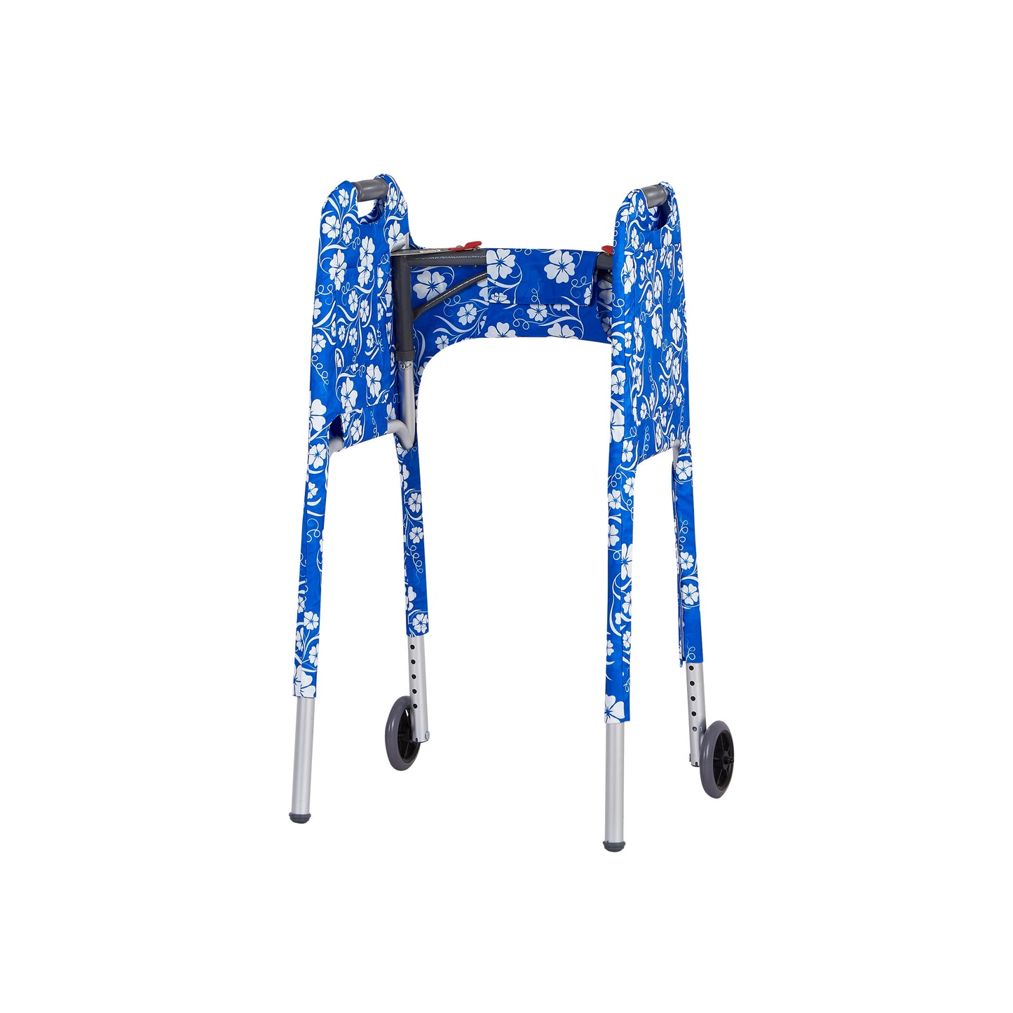 Three quarter inside view of blue and white floral print walker cover highlighting the inside pocket and hook-and-loop "Velcro" adjustable, simple, and secure strap closure.