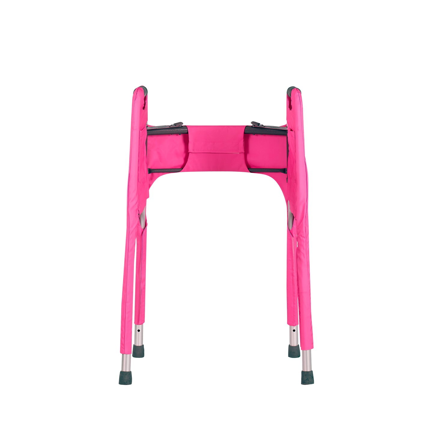 Vibrant pink walker cover for standard folding medical walker provides style and function. Cover is tailored to fit the walker, has four pockets and secure fit with adjustable hook-and-loop closures. Inside view of closure over front bar shown.