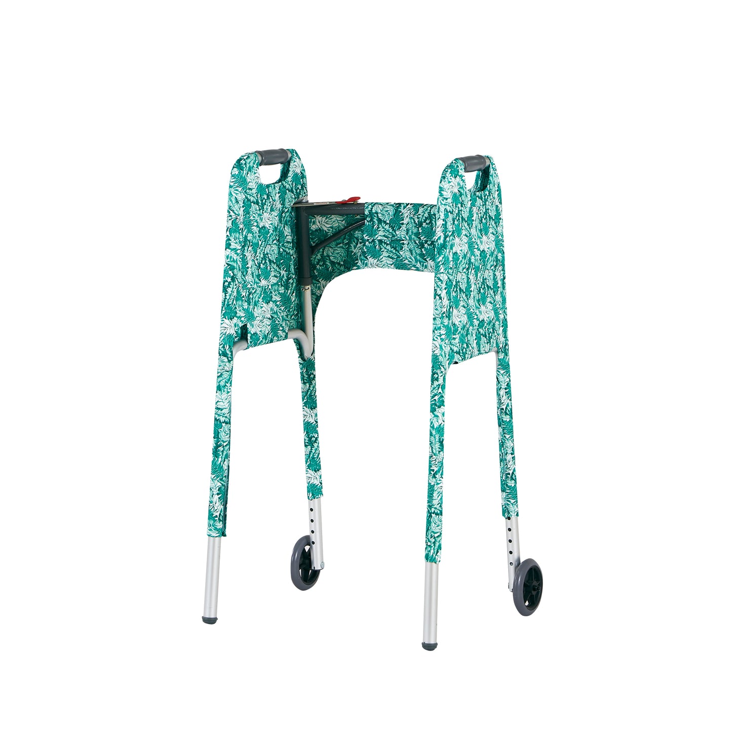 Inside view of a green and white tropical foliage print walker cover highlighting an inside pocket and secure, adjustable hook-and-loop closure.