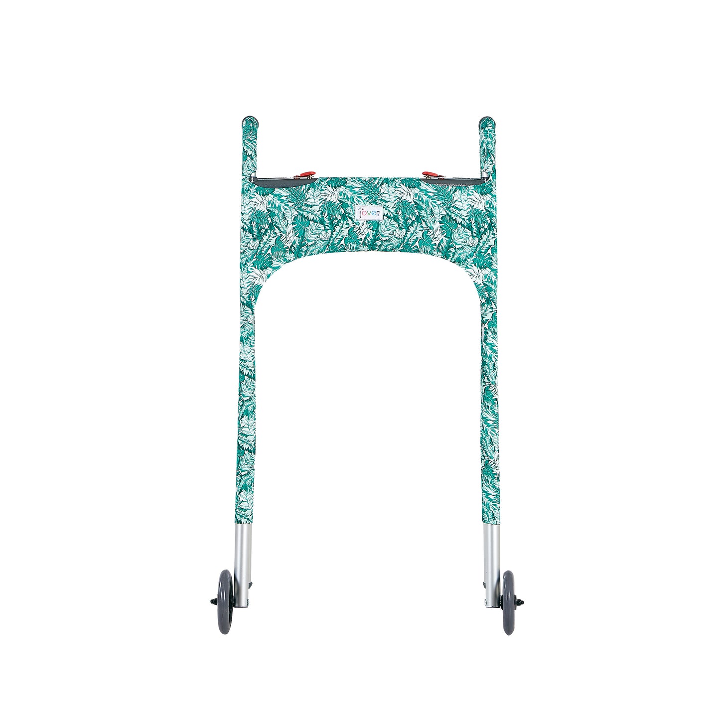Front view of a green and white tropical foliage print walker cover on a standard folding walker highlighting the tailored nature of the cover and the Jover logo label. The ultimate walker accessory.