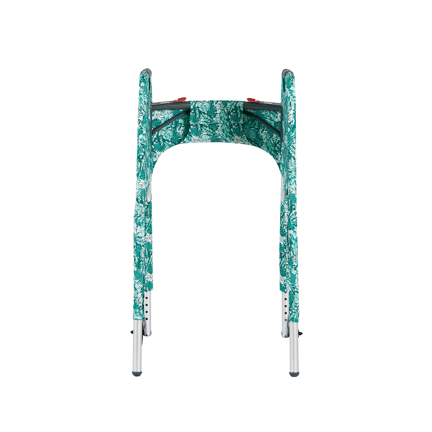 Inside view of a green and white tropical foliage print walker cover on a standard folding walker highlighting front closure, hook-and-loop for an adjustable, easy, and secure fitl. The ultimate walker accessory.