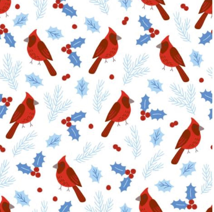 Fabric swatch detail of the Jover Walker Cover in Winter Birds, a snowy white backdrop with cardinals and holly berries, perfect for celebrating the season. Equipped with four pockets, it's the only walker accessory you need to stroll in style.