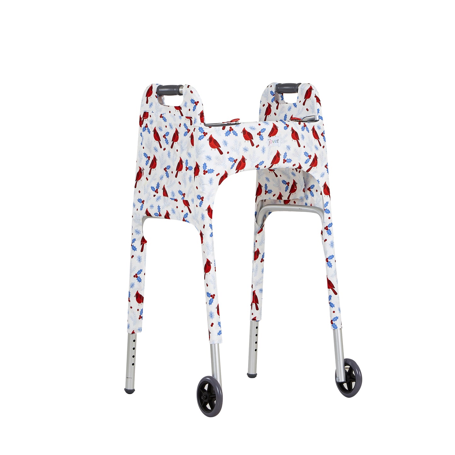 Front right view of the Jover Walker Cover in Winter Birds, a snowy white backdrop with cardinals and holly berries, perfect for celebrating the season. Equipped with four pockets, it's the only walker accessory you need to stroll in style.