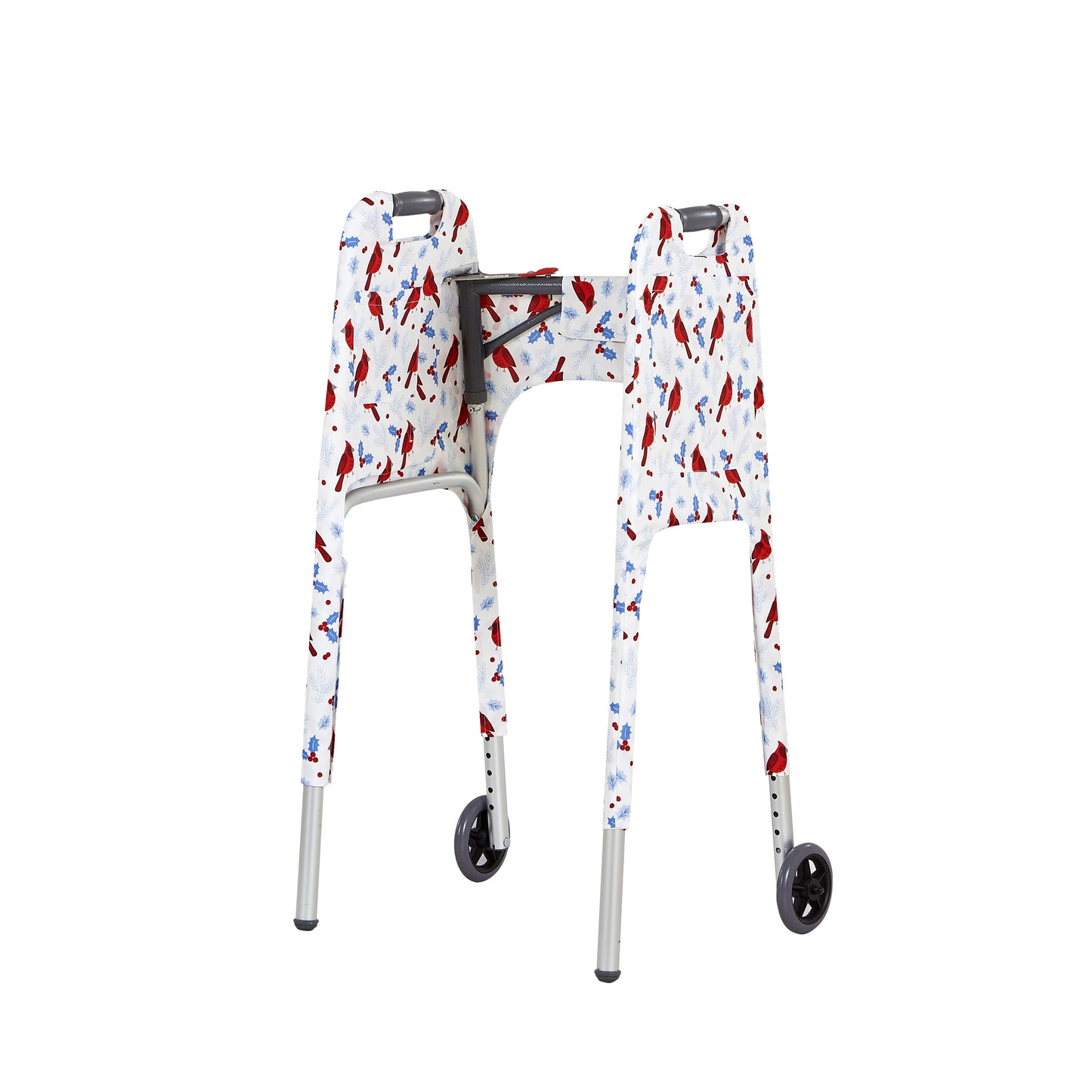 Inside view of the Jover Walker Cover in Winter Birds, a snowy white backdrop with cardinals and holly berries, perfect for celebrating the season. Equipped with four pockets, it's the only walker accessory you need to stroll in style.