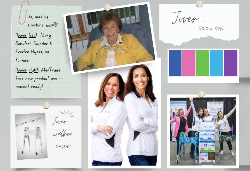 Storyboard showing the development of Jover and the Walker Cover . Highlights include MedTrade best new product 2024 win and founder, Mary Schuleri and co-founder Kristen Hyatt.