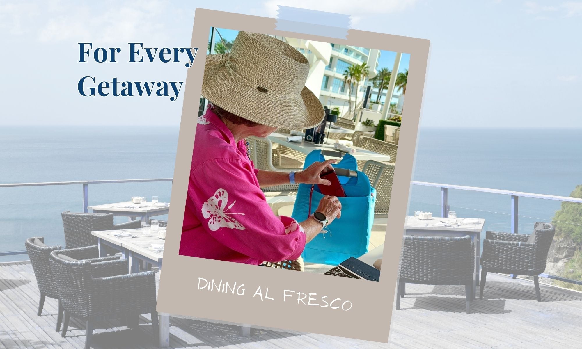 Woman in pink shirt and straw hat seated at an outdoor restaurant, placing wallet into a sky blue Jover walker cover, underlaid with a water-view balcony scene.
