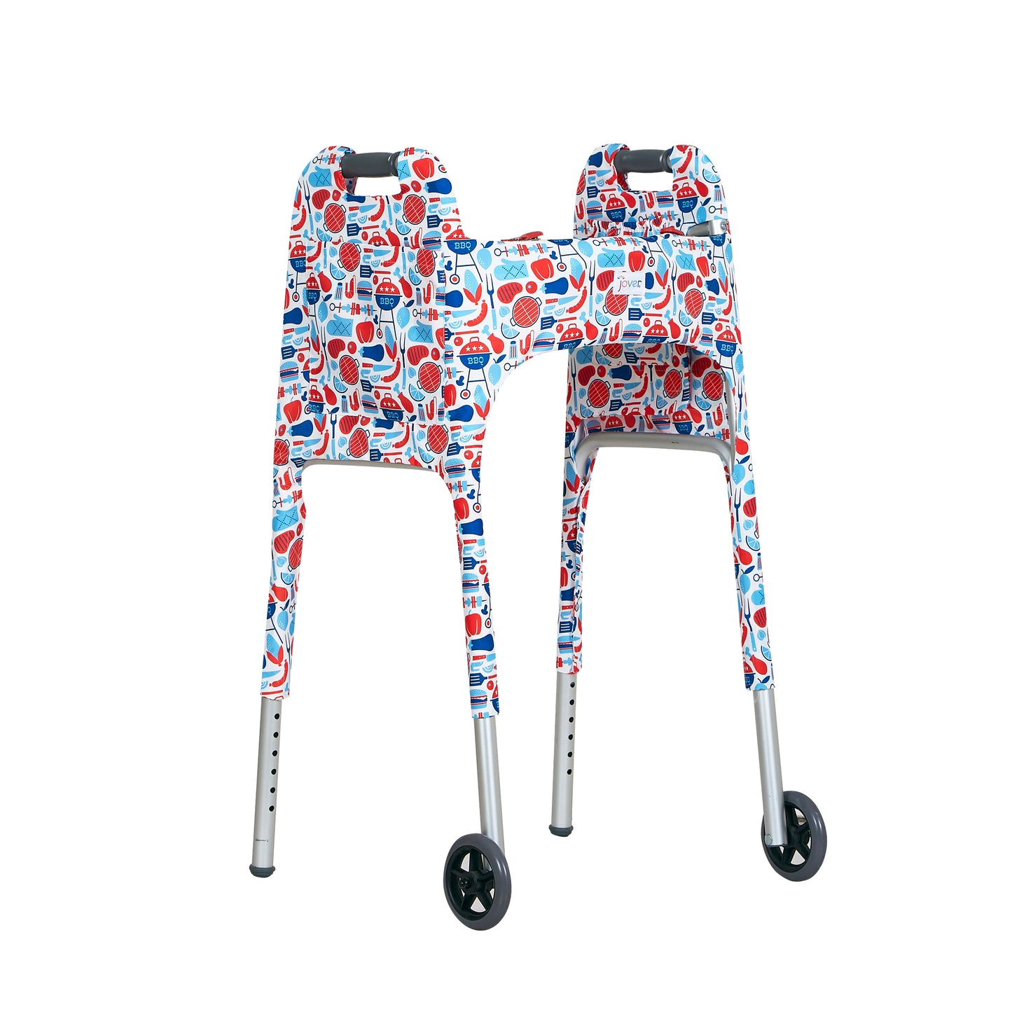 Red, white, and blue cookout-themed print walker cover with pockets on a standard folding walker with wheels on a white background - right 3/4 view.
