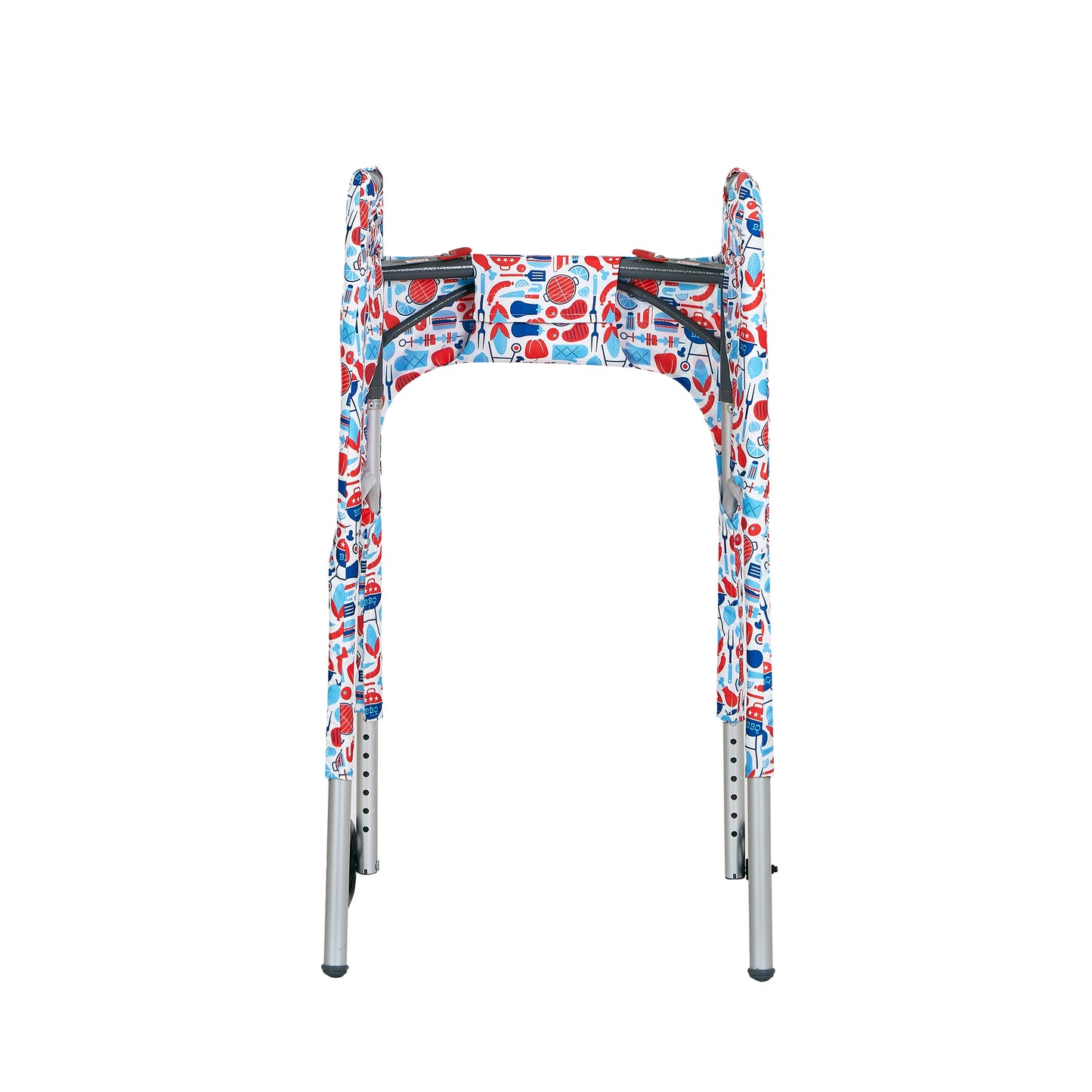 Red, white, and blue cookout-themed print walker cover with pockets on a standard folding walker with wheels on a white background - inside view.
