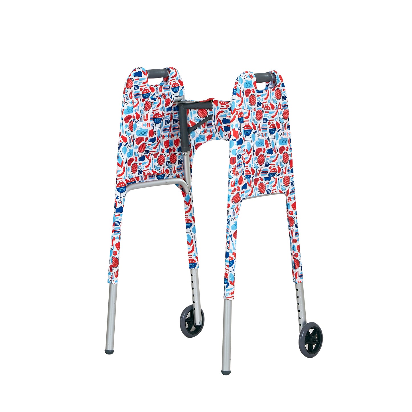 Red, white, and blue cookout-themed print walker cover with pockets on a standard folding walker with wheels on a white background - inside 3/4 view.