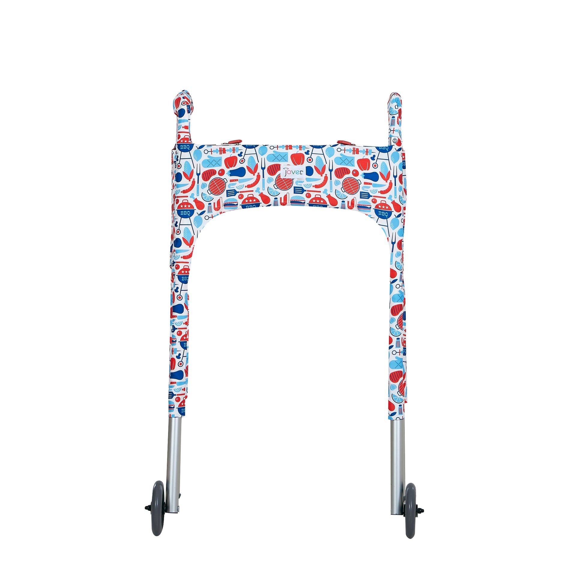 Red, white, and blue cookout-themed print walker cover with pockets on a standard folding walker with wheels on a white background - front view.