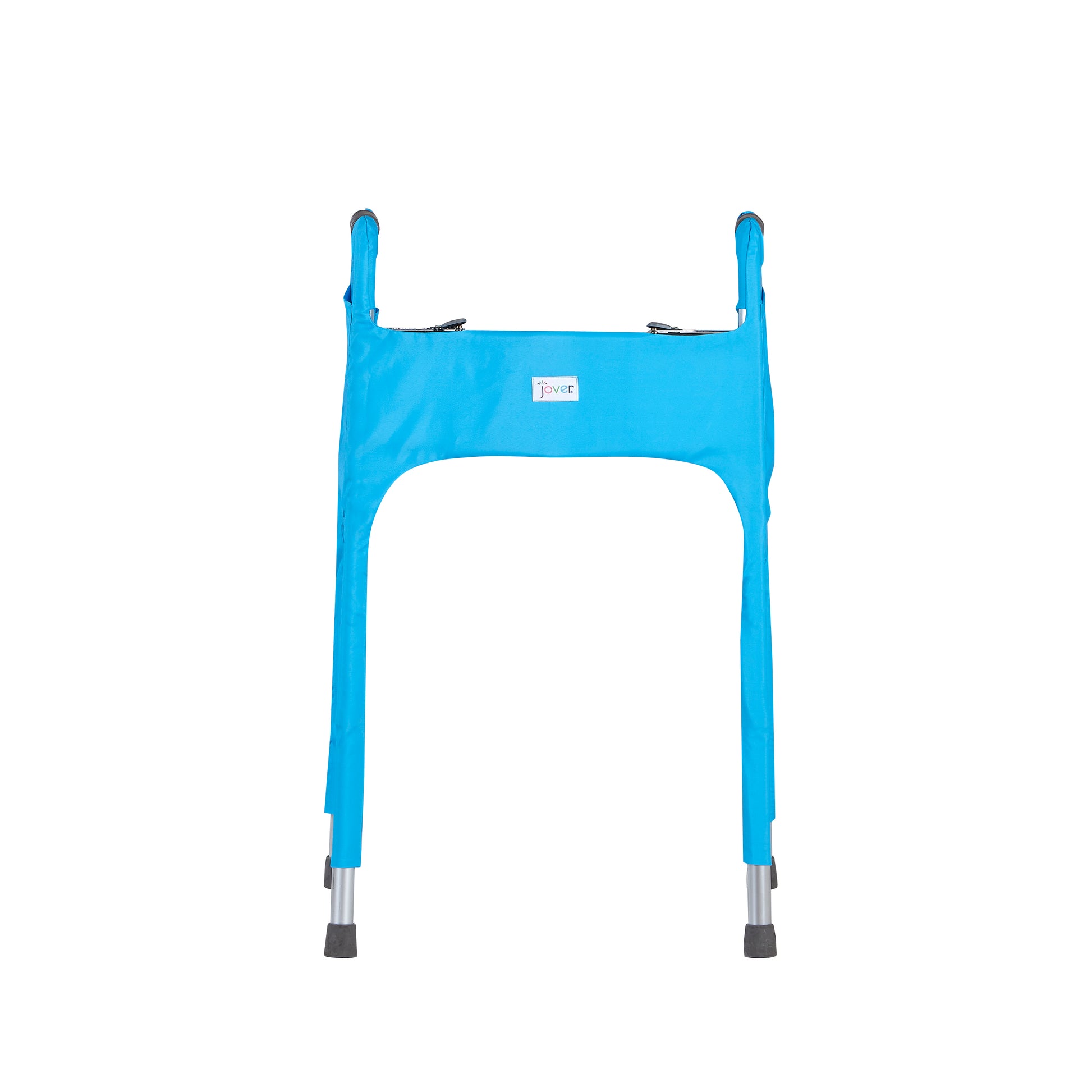 Front view of a metal folding walker outfitted with the Jover Walker Cover in Clear Skies (a light blue). The Jover Walker Cover is a walker accessory--a fabric cover with pockets, offering storage and style.