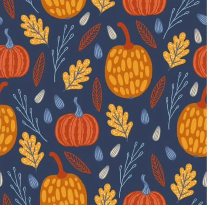 Detail swatch of the Fall Festival Jover Walker Cover. The swatch has a dark blue background with yellow and orange pumpkins and fall leaves.