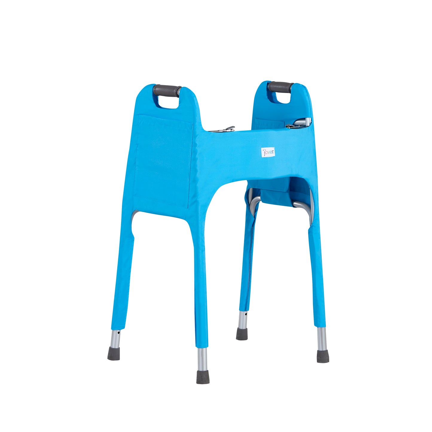 Three-quarter front right view of a metal folding walker outfitted with the Jover Walker Cover in Clear Skies (a light blue), showing the large side pocket. The Jover Walker Cover is a walker accessory offering storage and style.
