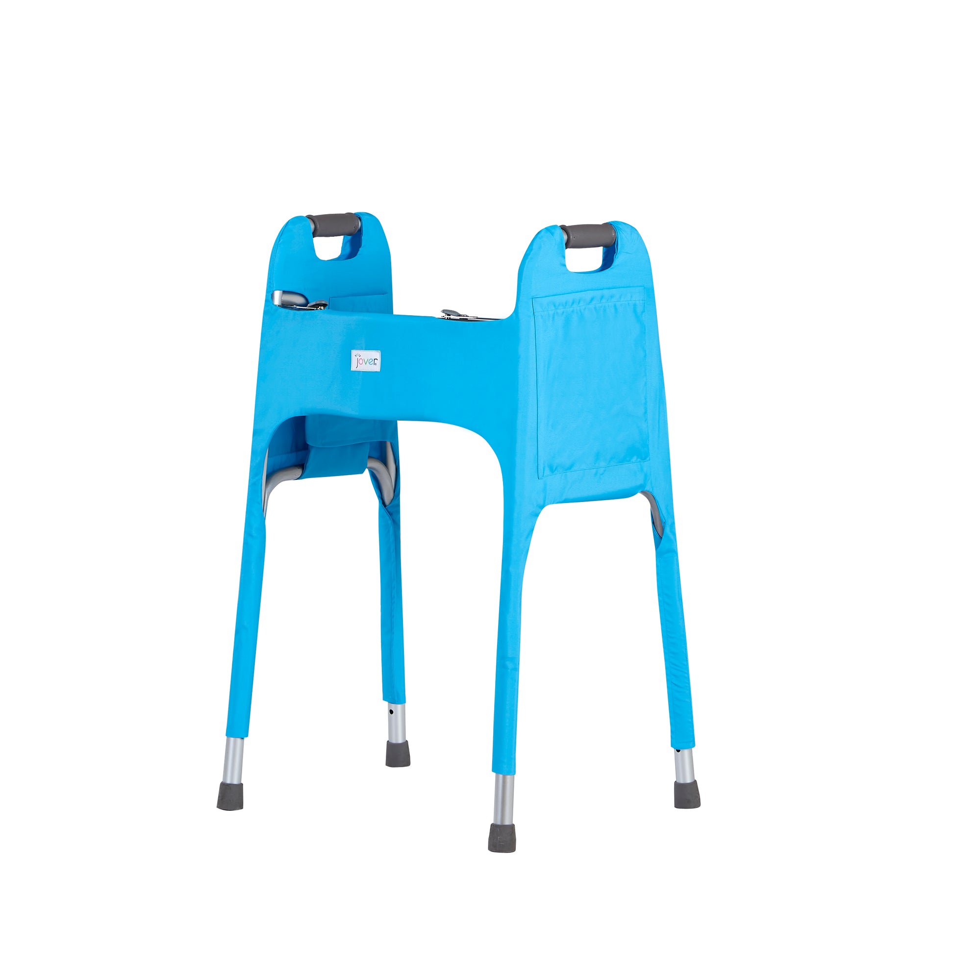 Three-quarter view of a metal folding walker outfitted with the Jover Walker Cover in Clear Skies (a light blue), showing the large side pocket. The Jover Walker Cover is a walker accessory offering storage and style.