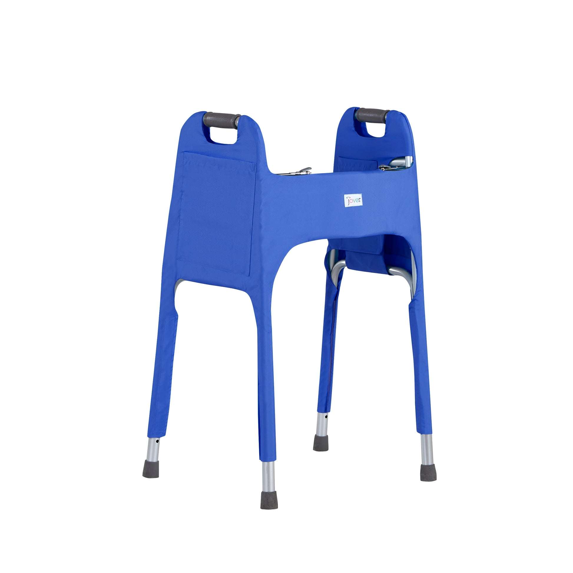 A 3/4 view of the dark blue walker cover highlighting the Jover logo on the front and a large pocket on the side. Walker accessory is on a standard folding walker without wheels.