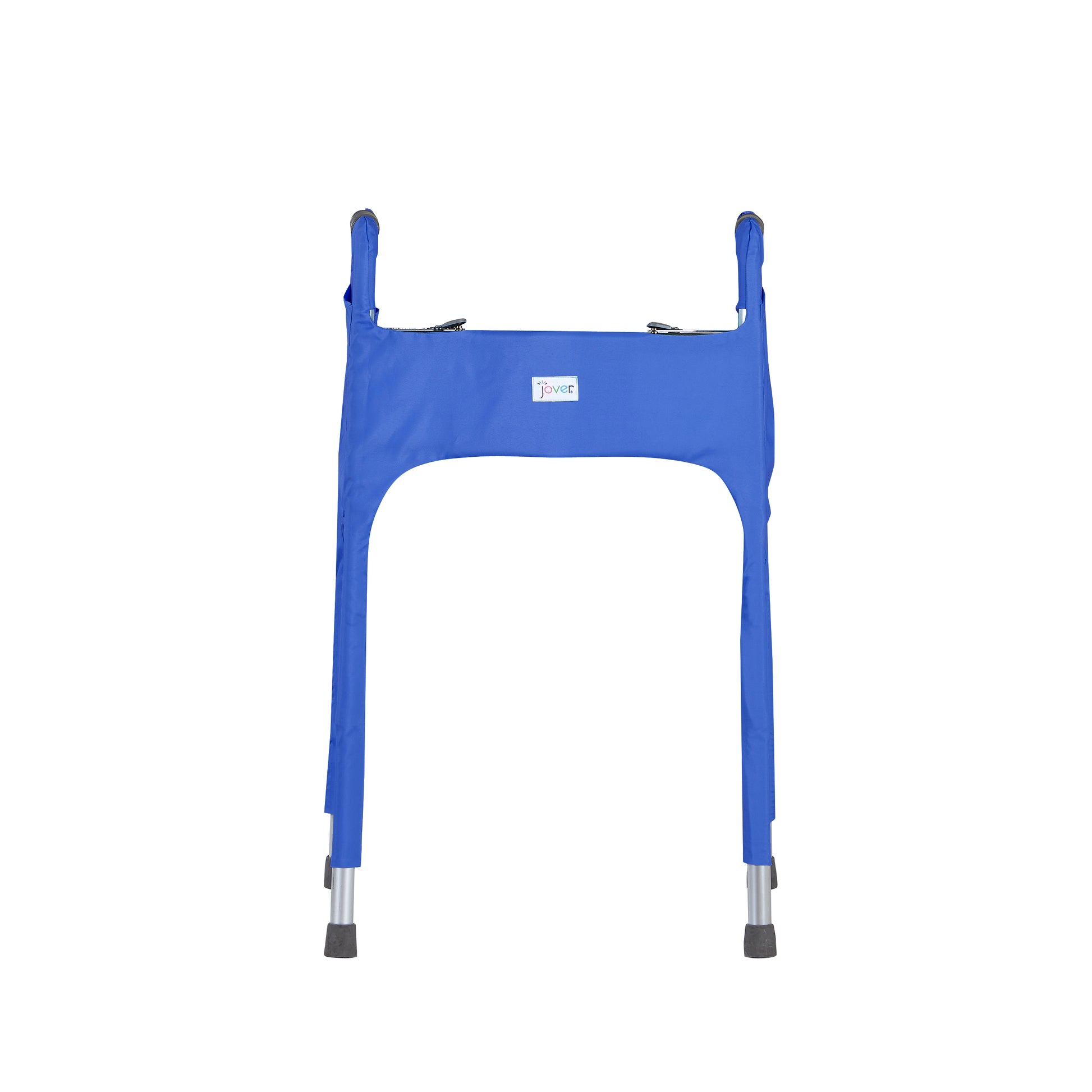 A front view of the dark blue walker cover highlighting the Jover logo on the front and the tailored fit of the cover. Walker accessory is on a standard folding walker without wheels.