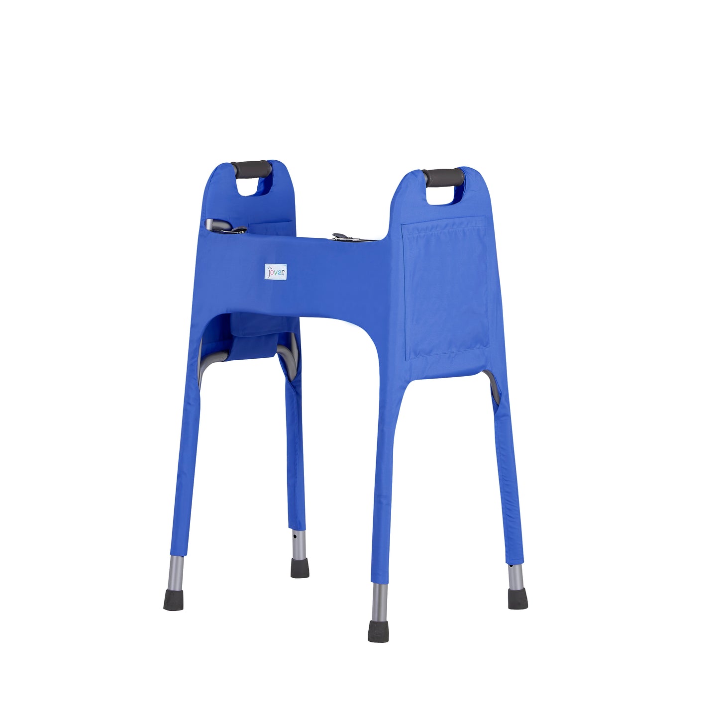 A 3/4 view of the dark blue walker cover highlighting the Jover logo on the front and a large pocket on the side. Walker accessory is on a standard folding walker without wheels.