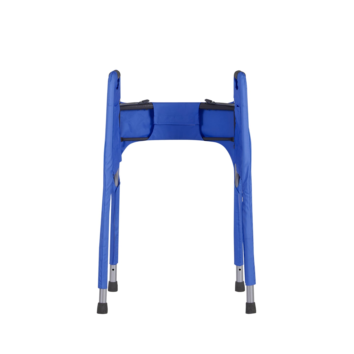 An inside view of the dark blue walker cover highlighting the secure and simple hook-and-loop "Velcro" strap closure on the front. Walker accessory is on a standard folding walker without wheels.