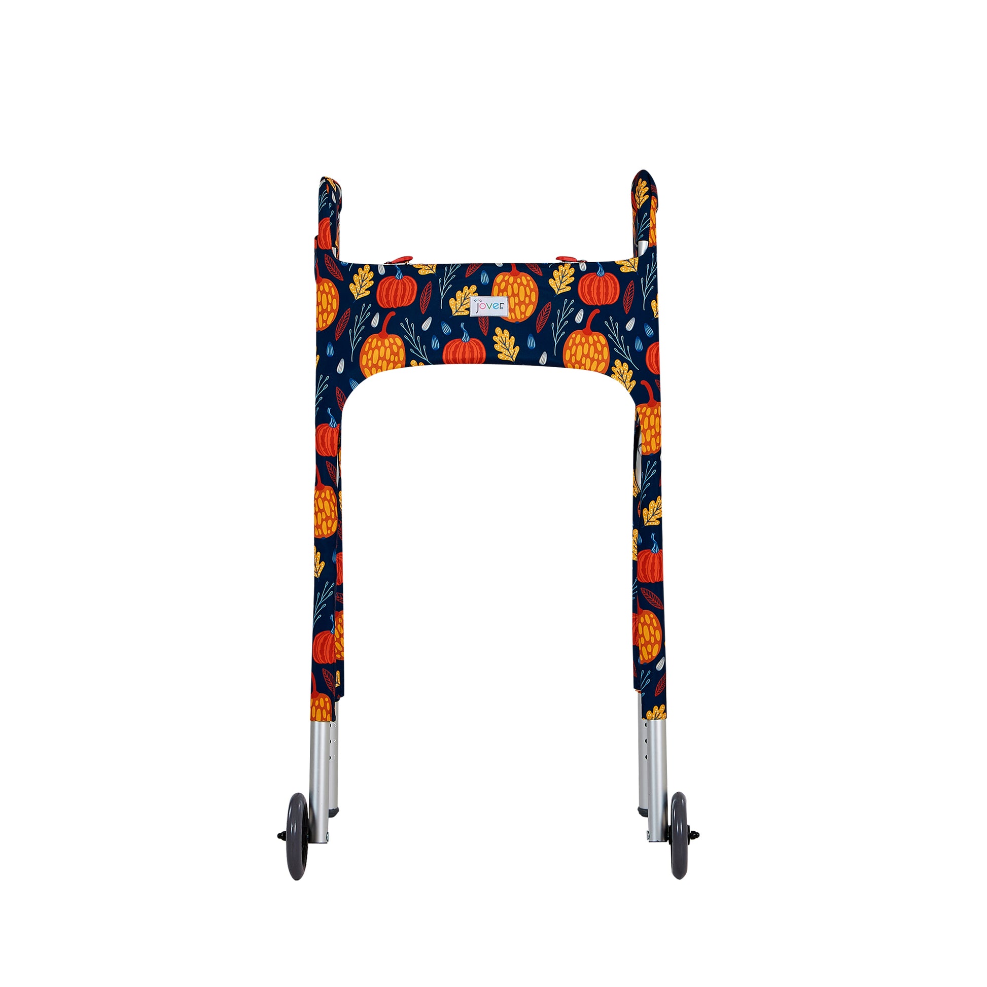 Front view of cover in Fall Festival, a navy blue background with yellow and orange pumpkins and fall leaves. Walker accessory has pockets and adds style to the standard folding walker.