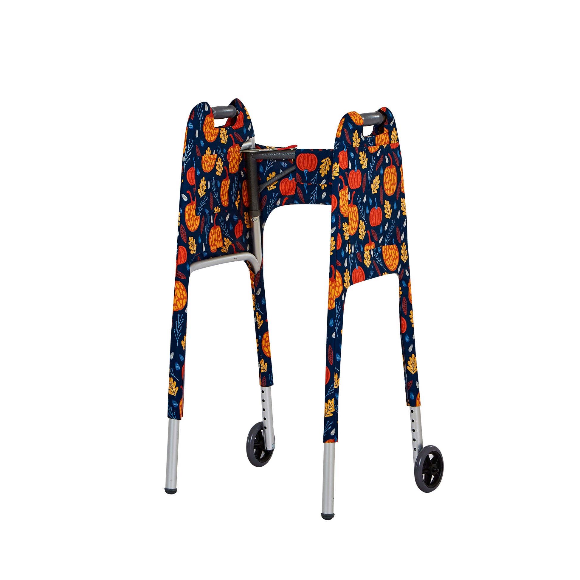 Inside view of Jover Walker Cover in Fall Festival, a navy blue background with yellow and orange pumpkins and fall leaves. Walker accessory has pockets and adds style to the standard folding walker.