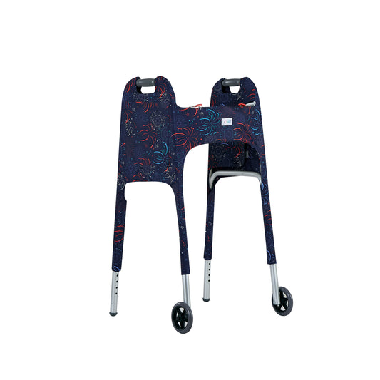 Front right view of the Jover Walker Cover in a patriotic fireworks pattern. Equipped with four pockets, it's the only walker accessory you need for convenient and stylish travel.