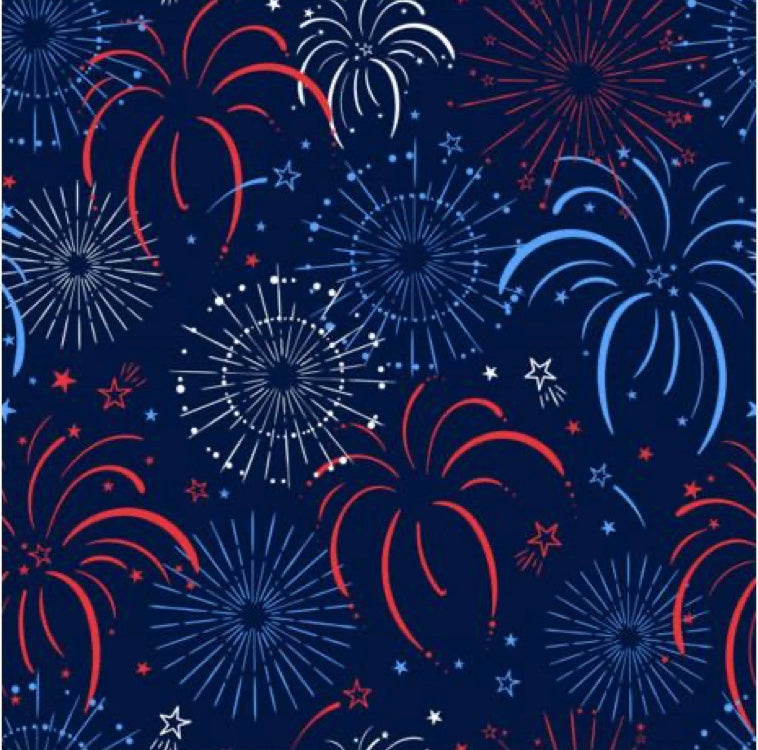 Fabric swatch detail of the Jover Walker Cover in a patriotic fireworks pattern. Equipped with four pockets, it's the only walker accessory you need for convenient and stylish travel.