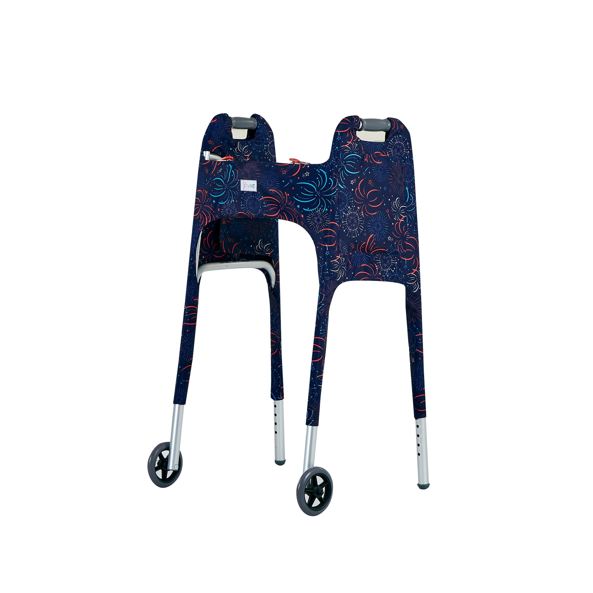 Front left view of the Jover Walker Cover in a patriotic fireworks pattern. Equipped with four pockets, it's the only walker accessory you need for convenient and stylish travel.