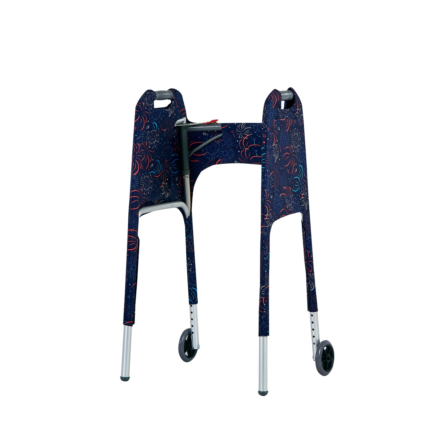 Inside view of the Jover Walker Cover in a patriotic fireworks pattern. Equipped with four pockets, it's the only walker accessory you need for convenient and stylish travel.