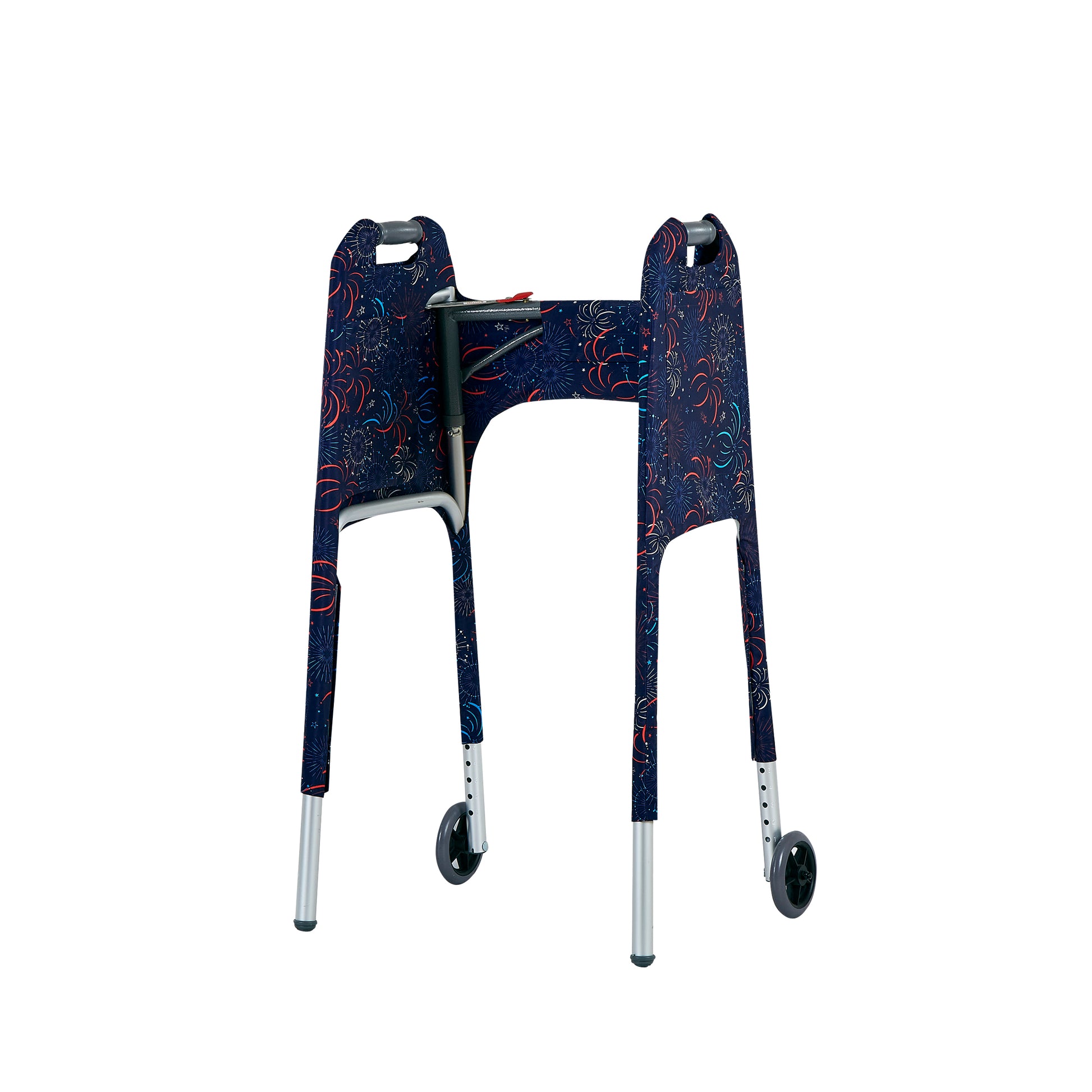 Inside view of the Jover Walker Cover in a patriotic fireworks pattern. Equipped with four pockets, it's the only walker accessory you need for convenient and stylish travel.