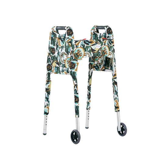 Three-quarter view of a camping motif walker cover on a front-wheeled folding walker, View highlights the Jover logo, a large side pocket and the secure hook-and-loop adjustable strap closure.