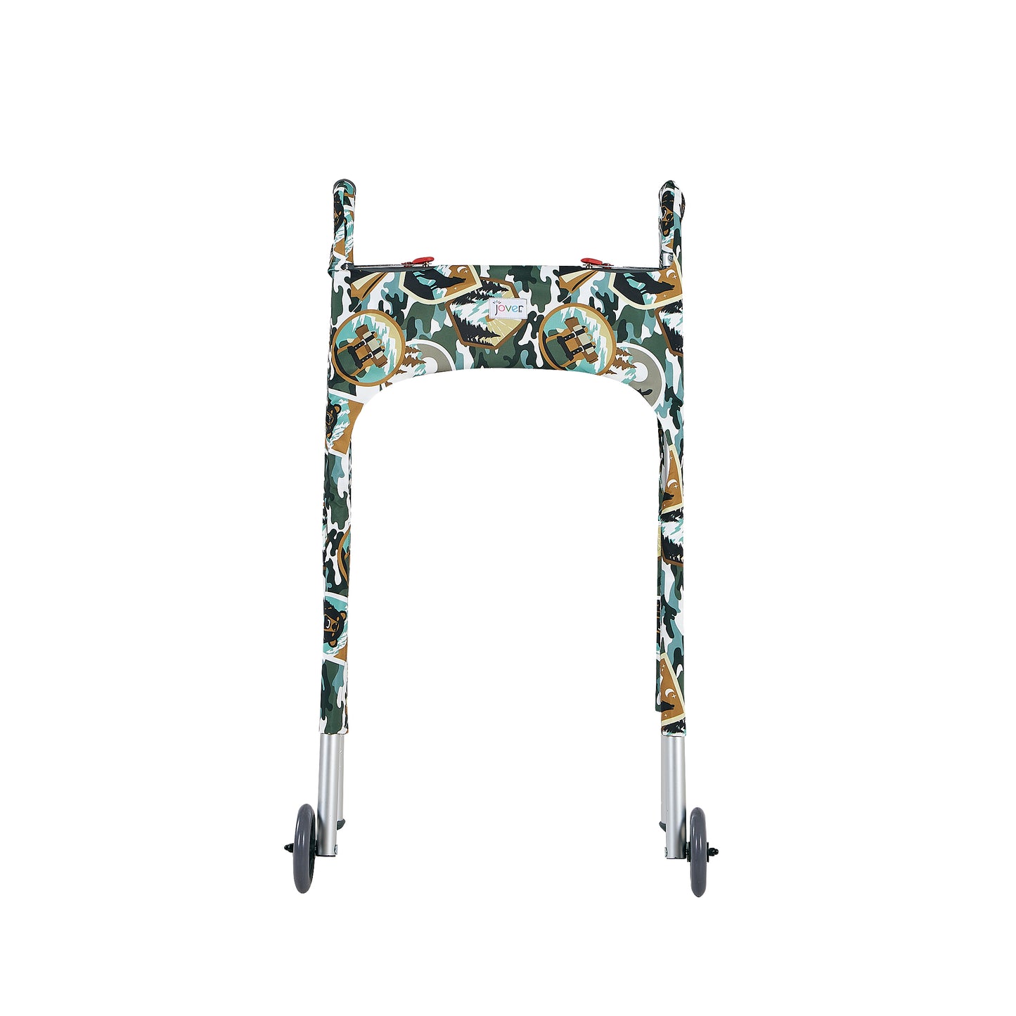 Front view of a camping motif walker cover on a front-wheeled folding walker, View highlights the Jover logo, and the tailored nature of the cover. Not shown are the pockets and the adjustable and secure hook-and-loop closures.