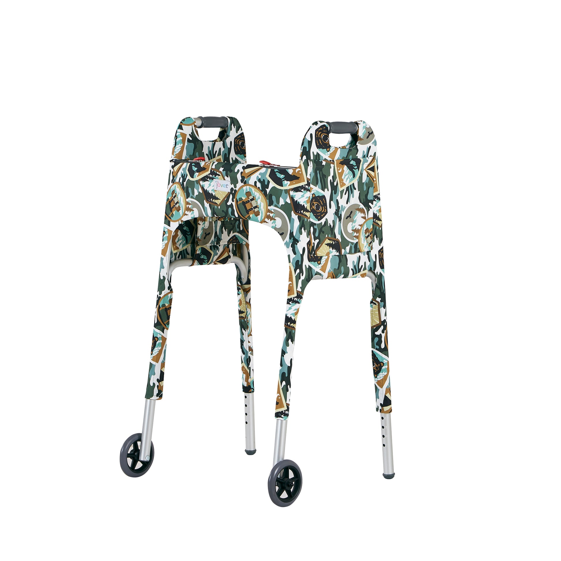 Three-quarter view of a camping motif walker cover on a front-wheeled folding walker, View highlights the Jover logo, a large side pocket and the secure hook-and-loop adjustable strap closure.