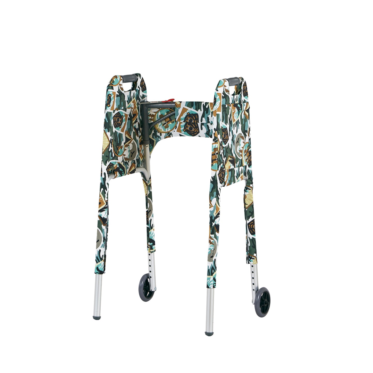 Inside three-quarter view of a camping motif walker cover on a front-wheeled folding walker, View highlights the inside pocket and the secure hook-and-loop adjustable strap closures.