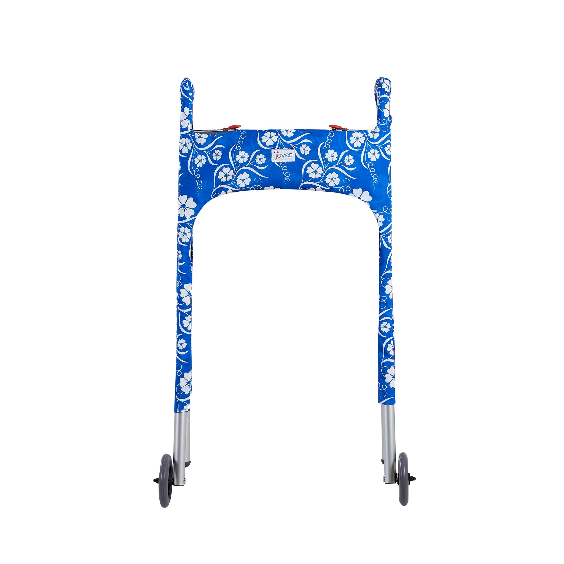 Front view of blue and white floral print walker cover highlighting the Jover logo and tailored nature of the cover.