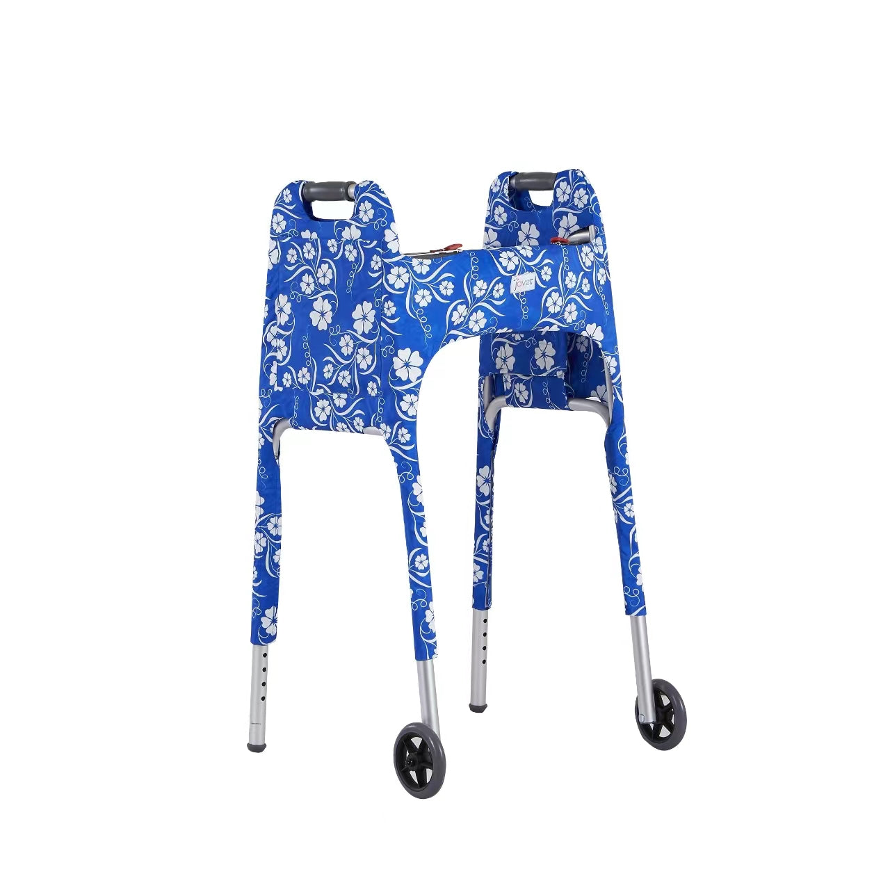 Three quarter front view of blue and white floral print walker cover highlighting large side pocket, Jover logo, and hook-and-loop "Velcro" adjustable, simple, and secure strap closure.