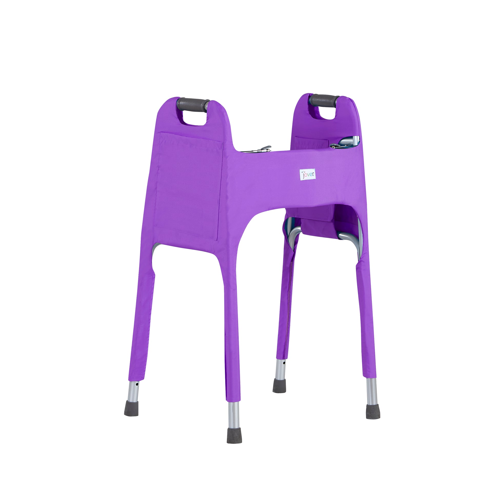 Front view of a vibrant purple walker cover on a folding medical walker. View highlights a large side pocket. The ultimate walker accessory offering fashion, style and function with four pockets for essentials.