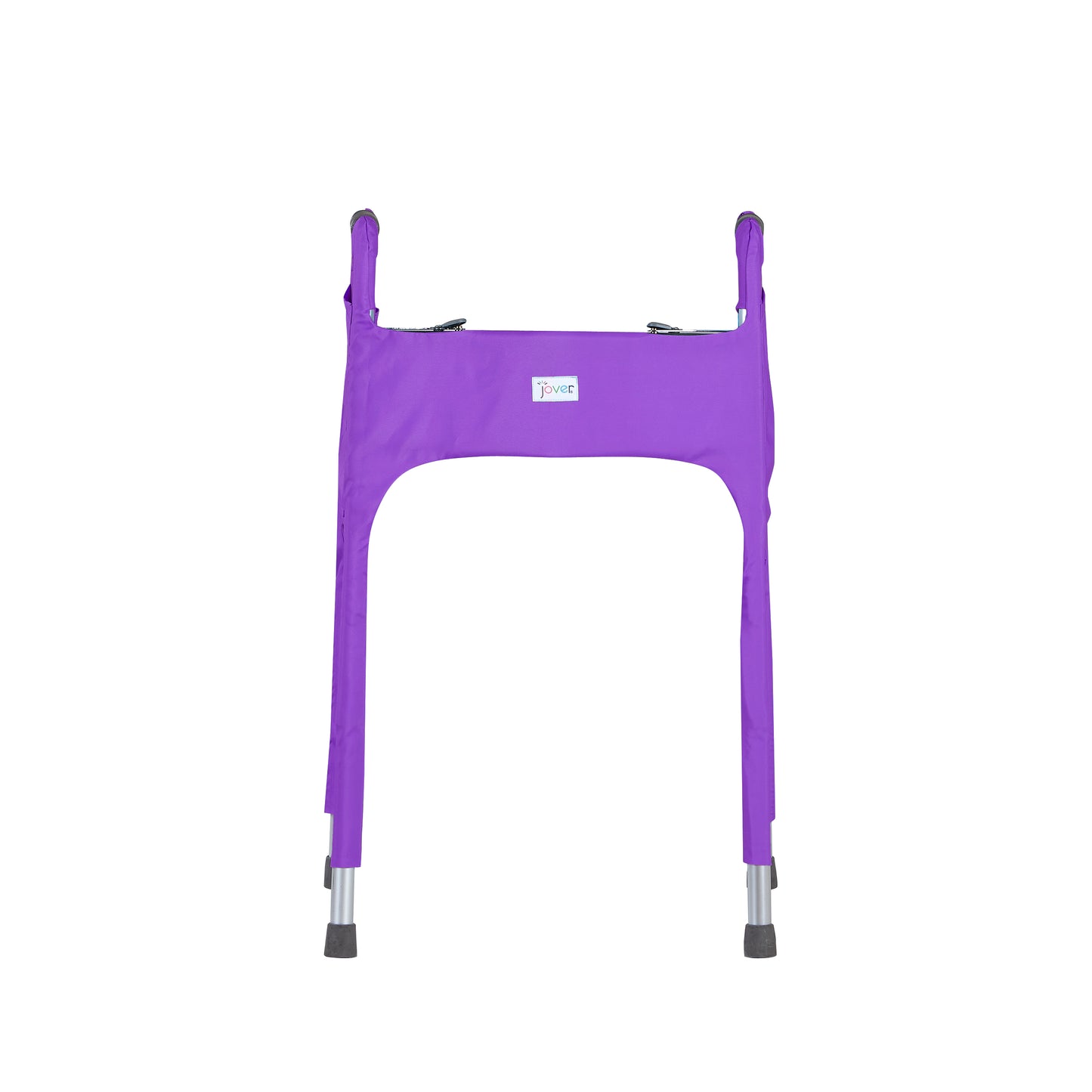 Front view of a vibrant purple walker cover on a folding medical walker. View highlights the tailored nature of the walker cover. The ultimate walker accessory offering fashion, style and function with four pockets for essentials.