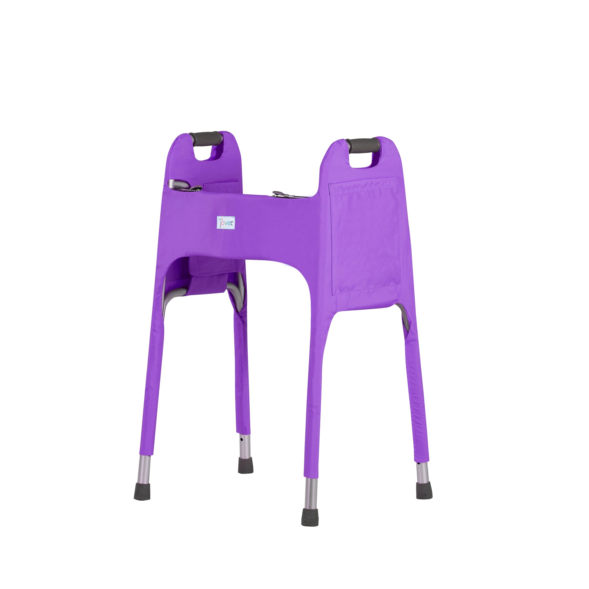 Front view of a vibrant purple walker cover on a folding medical walker. View highlights a large side pocket. The ultimate walker accessory offering fashion, style and function with four pockets for essentials.