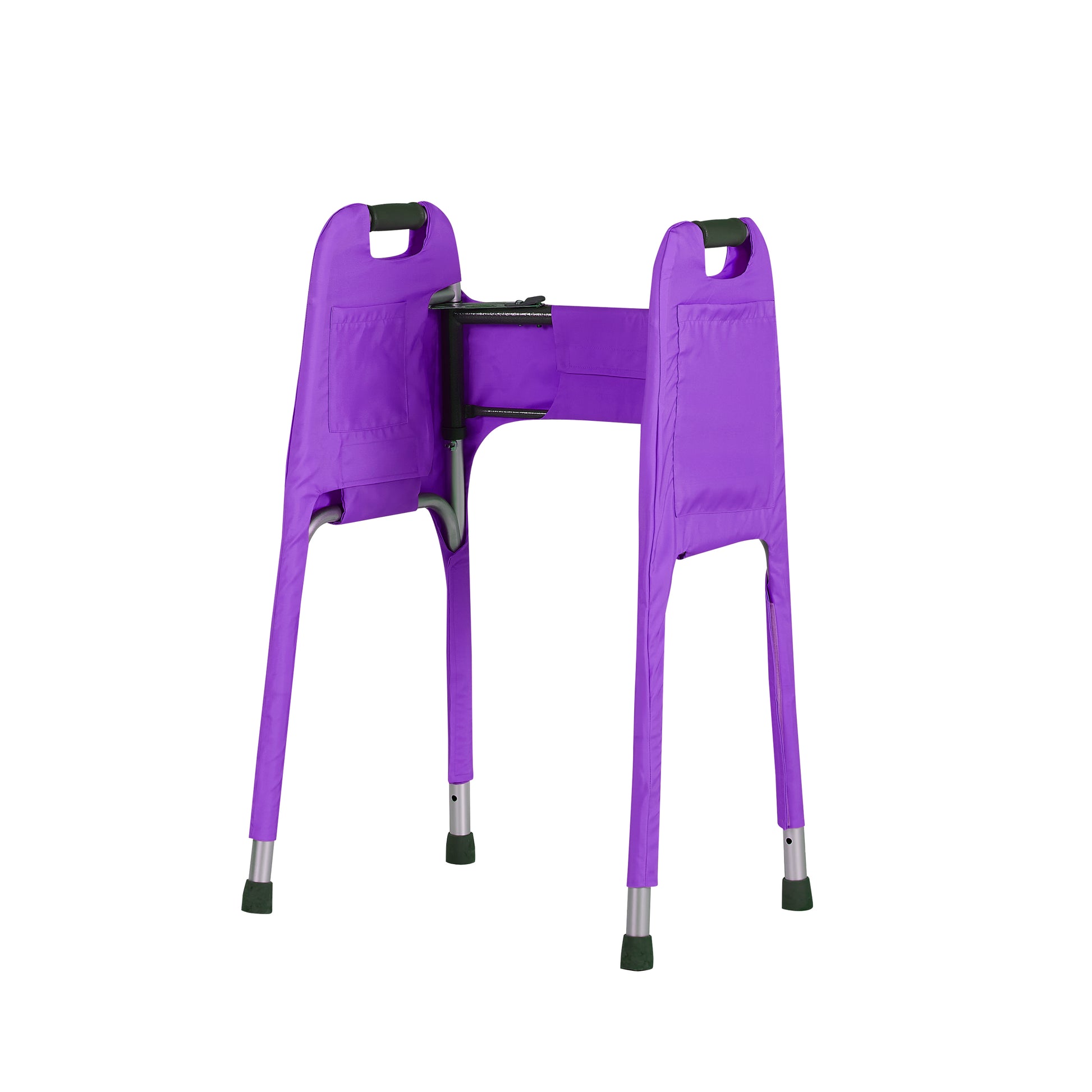 Inside view of a vibrant purple walker cover on a folding medical walker. View highlights the front hook-and-loop "Velcro" closure for secure, easy, and adjustable attachment. The ultimate walker accessory offering fashion, style and function with four pockets for essentials.