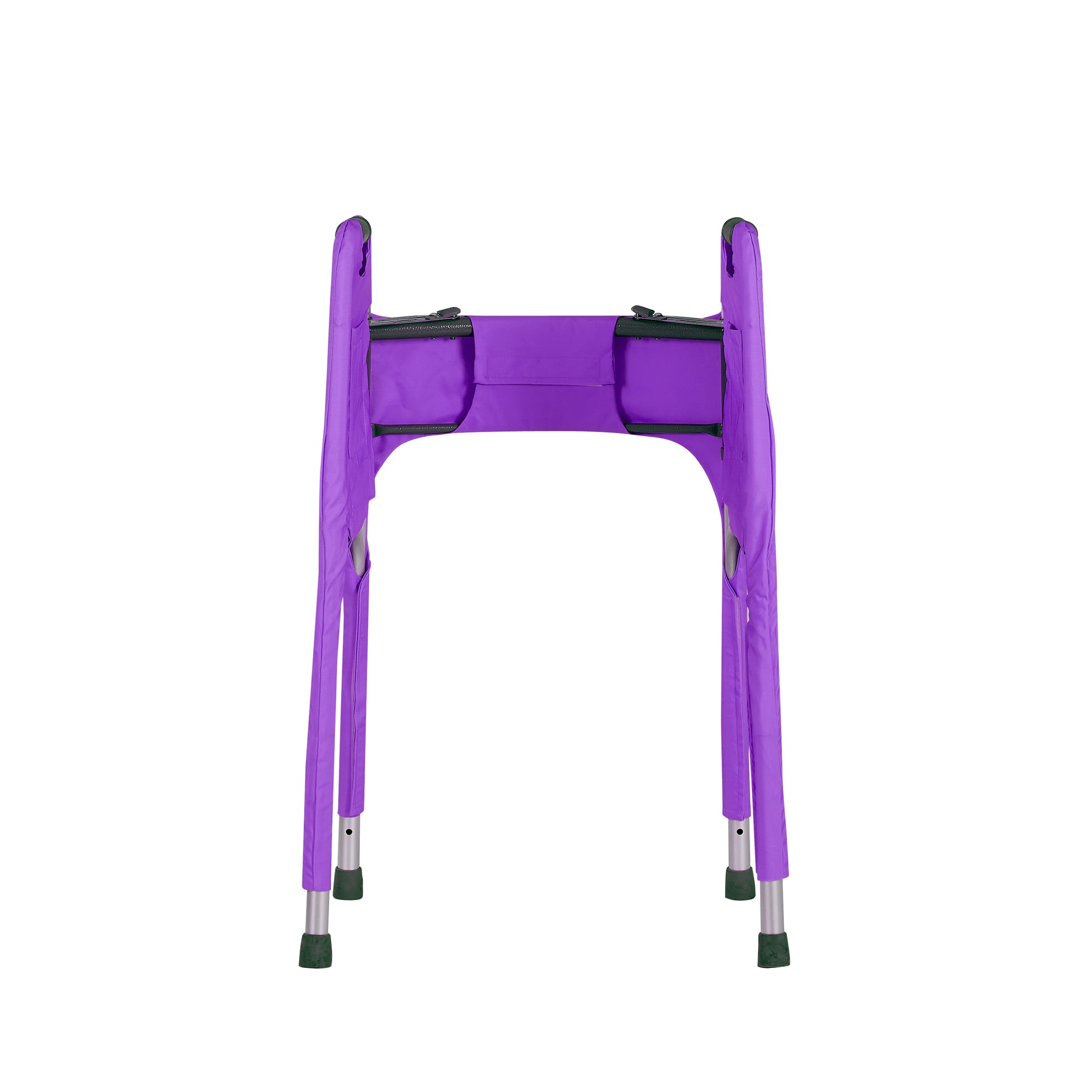 Inside view of a vibrant purple walker cover on a folding medical walker. View highlights the front hook-and-loop "Velcro" closure for secure, easy, and adjustable attachment. The ultimate walker accessory offering fashion, style and function with four pockets for essentials.