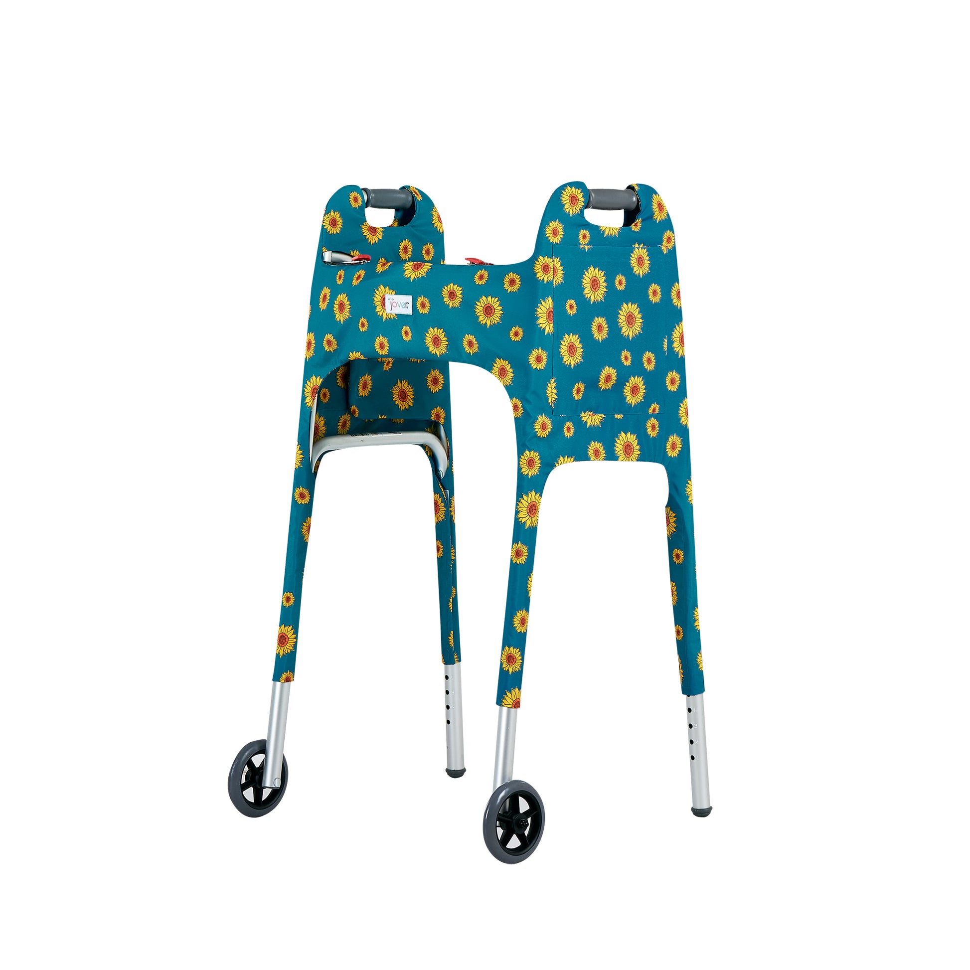 A front left view of the Jover Walker Cover in a vibrant sunflower pattern. Equipped with pockets, it's the only walker accessory you need for convenience and style.