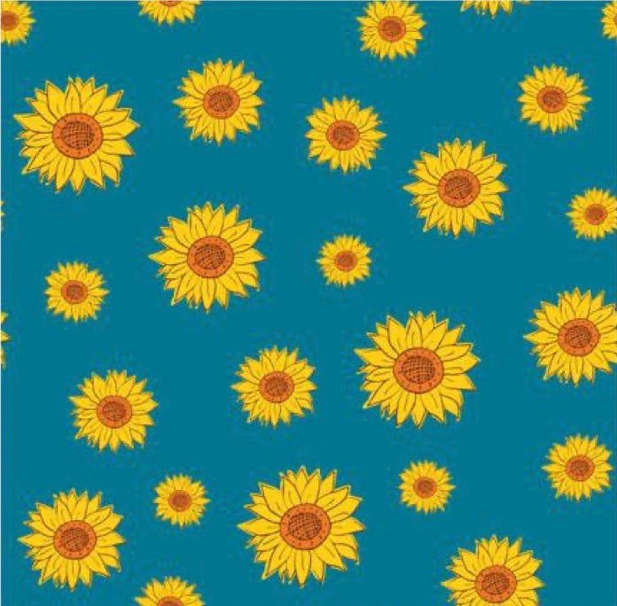 Fabric swatch detail of the Jover Walker Cover in Sunflowers, a vibrant sunflower pattern. Equipped with pockets, it's the only walker accessory you need for convenience and style.