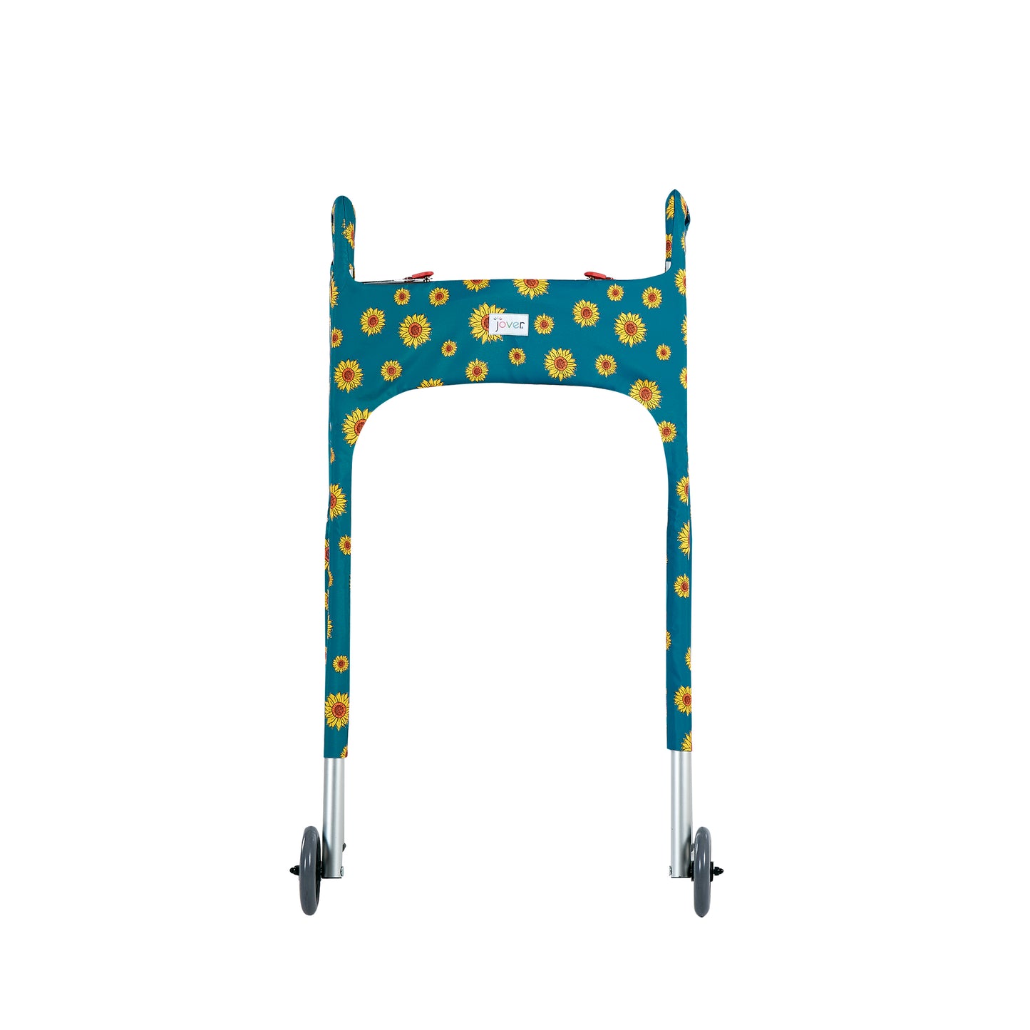 A front view of the Jover Walker Cover in a vibrant sunflower pattern. Equipped with pockets, it's the only walker accessory you need for convenience and style.