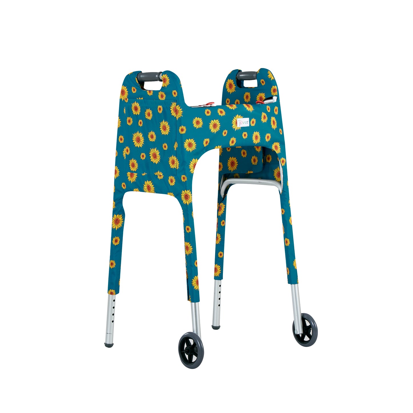 A front right view of the Jover Walker Cover in a vibrant sunflower pattern. Equipped with pockets, it's the only walker accessory you need for convenience and style.