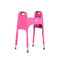 Vibrant pink walker cover for standard folding medical walker provides style and function. Cover is tailored to fit the walker,  has four pockets and secure fit with adjustable hook-and-loop closures. Right outside pocket shown in 3/4 view of cover on standard walker without front wheels.