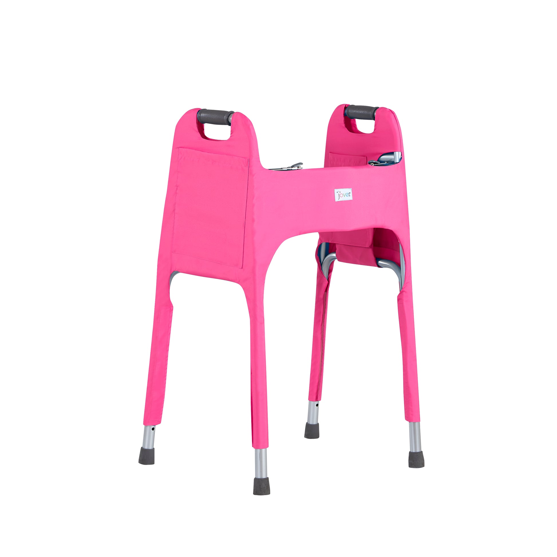 Vibrant pink walker cover for standard folding medical walker provides style and function. Cover is tailored to fit the walker,  has four pockets and secure fit with adjustable hook-and-loop closures. Right outside pocket shown in 3/4 view of cover on standard walker without front wheels.