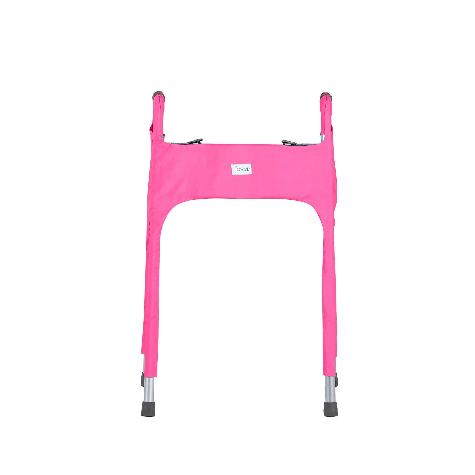 Vibrant pink walker cover for standard folding medical walker provides style and function. Cover is tailored to fit the walker,  has four pockets and secure fit with adjustable hook-and-loop closures. Front view of walker cover featuring Jover logo shown.