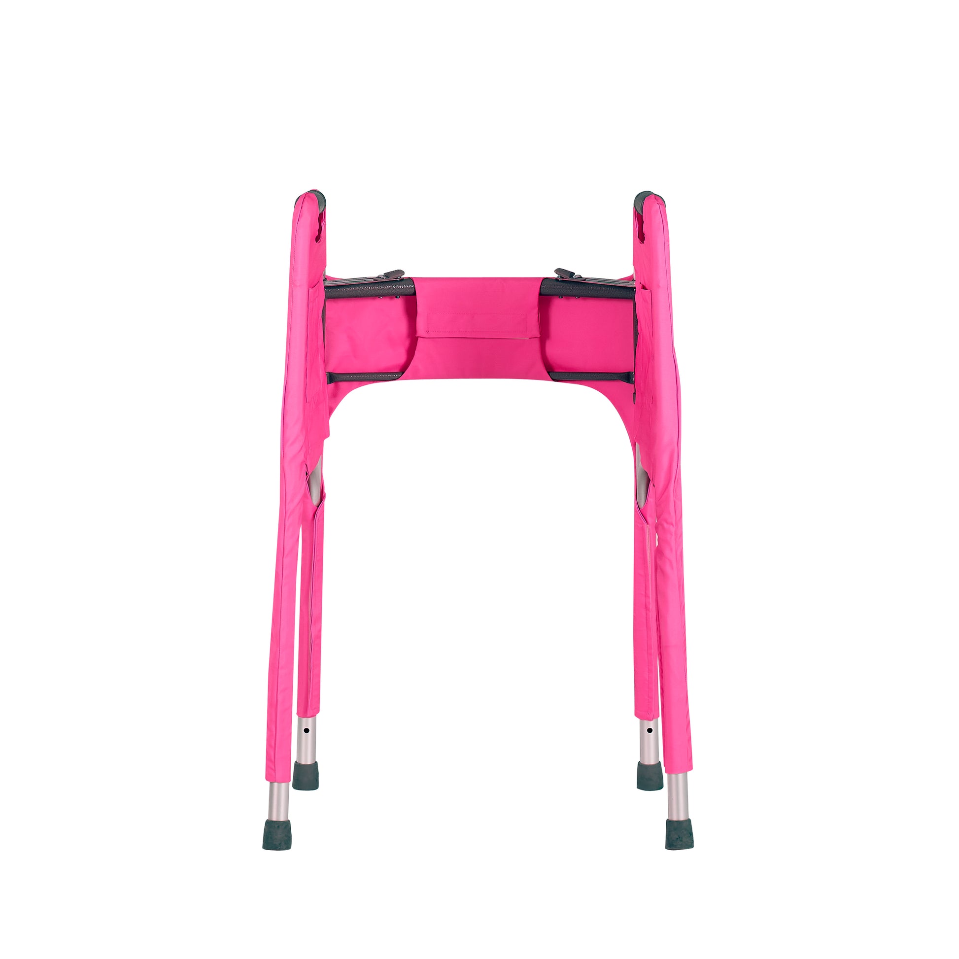 Vibrant pink walker cover for standard folding medical walker provides style and function. Cover is tailored to fit the walker,  has four pockets and secure fit with adjustable hook-and-loop closures. Inside view of closure over front bar shown.