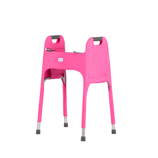 Vibrant pink walker cover for standard folding medical walker provides style and function. Cover is tailored to fit the walker,  has four pockets and secure fit with adjustable hook-and-loop closures. View of front with Jover logo and left outside side pocket shown.